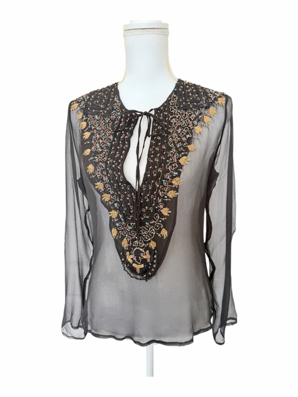 Lapetina & Lomeli 100% Silk Beaded Boho Tunic Top - Medium - Picture 3 of 15